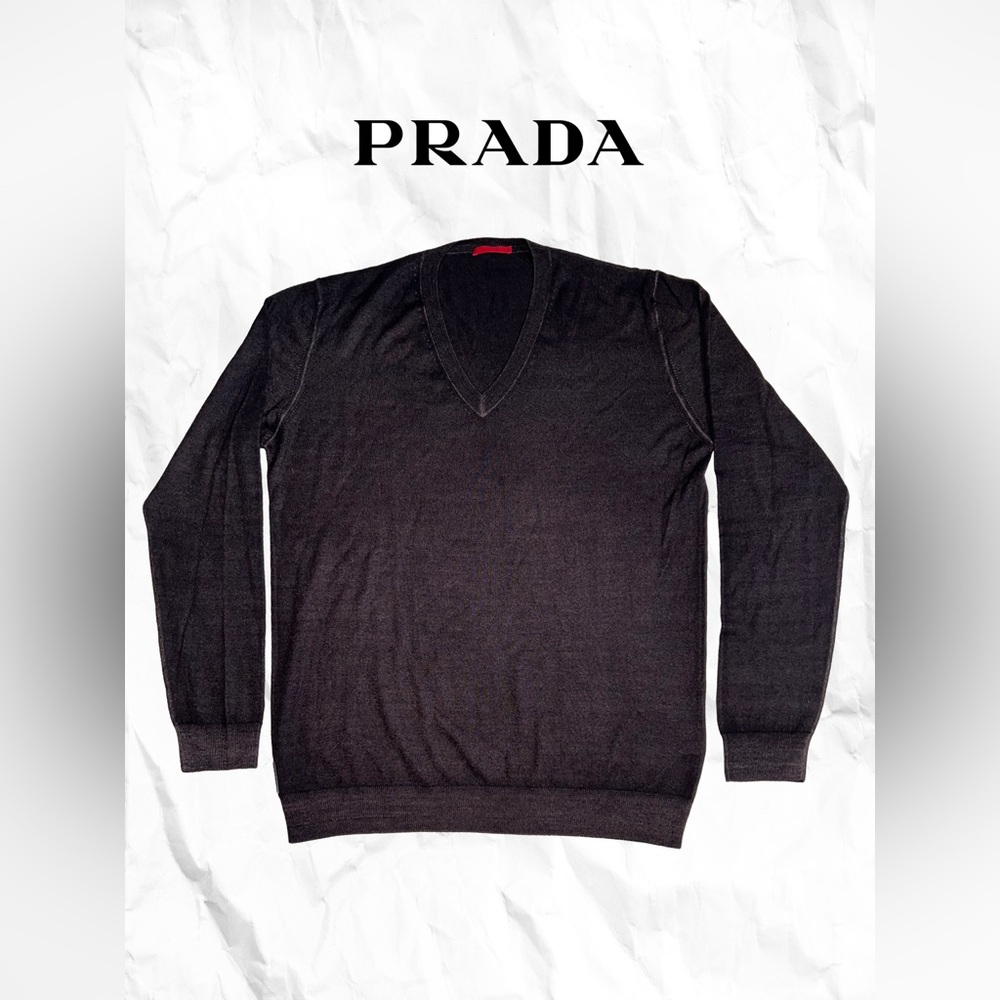 Prada Men's Brown Slim Fit Virgin Wool Fine Gauge V-Neck Sweater
